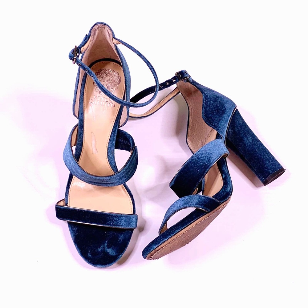 Vince Camuto Robeka Sz 10 Velvet Open Toe 4" Block Heel Sandal Peacock Blue Teal